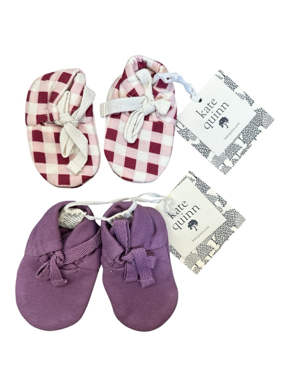 KATE QUINN Newborn Tie Booties “Raspberry Gingham” & “Dusty Grape” Slippers, NEW